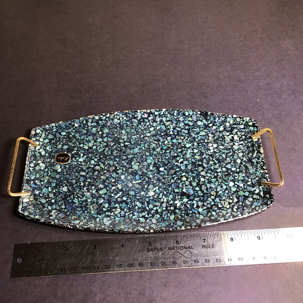 Elegant Blue and Gold Paua shell Hawaiian Tray vintage tourist collectible